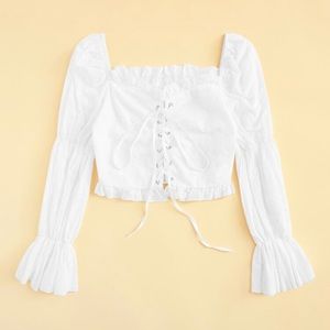 Adorable white eyelet lace up crop top